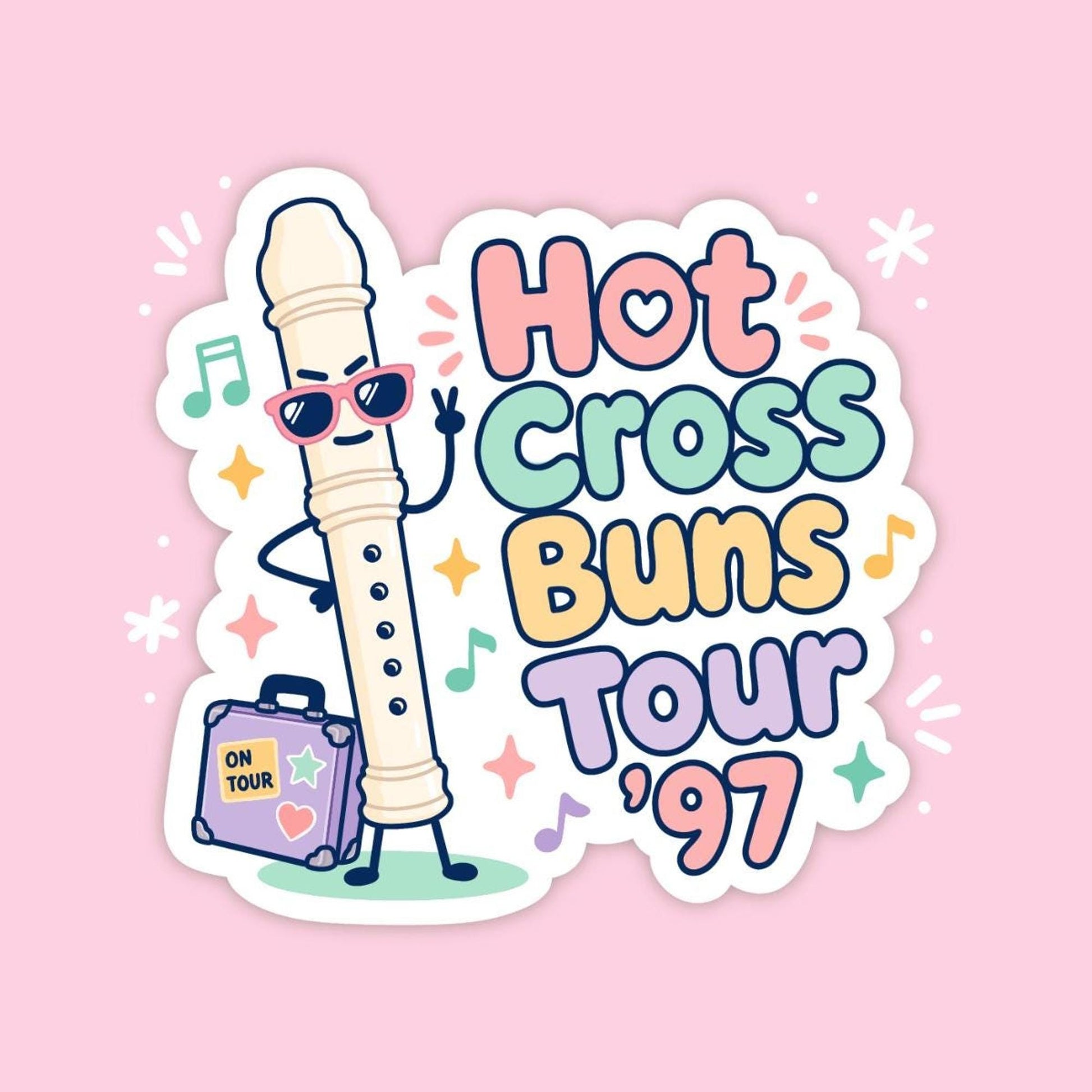 Hot Cross Buns Tour 97 Recorder Sticker, Cute Kawaii Music Class Vinyl Decal, Funny 90s Nostalgia Gift for Laptop Water Bottle