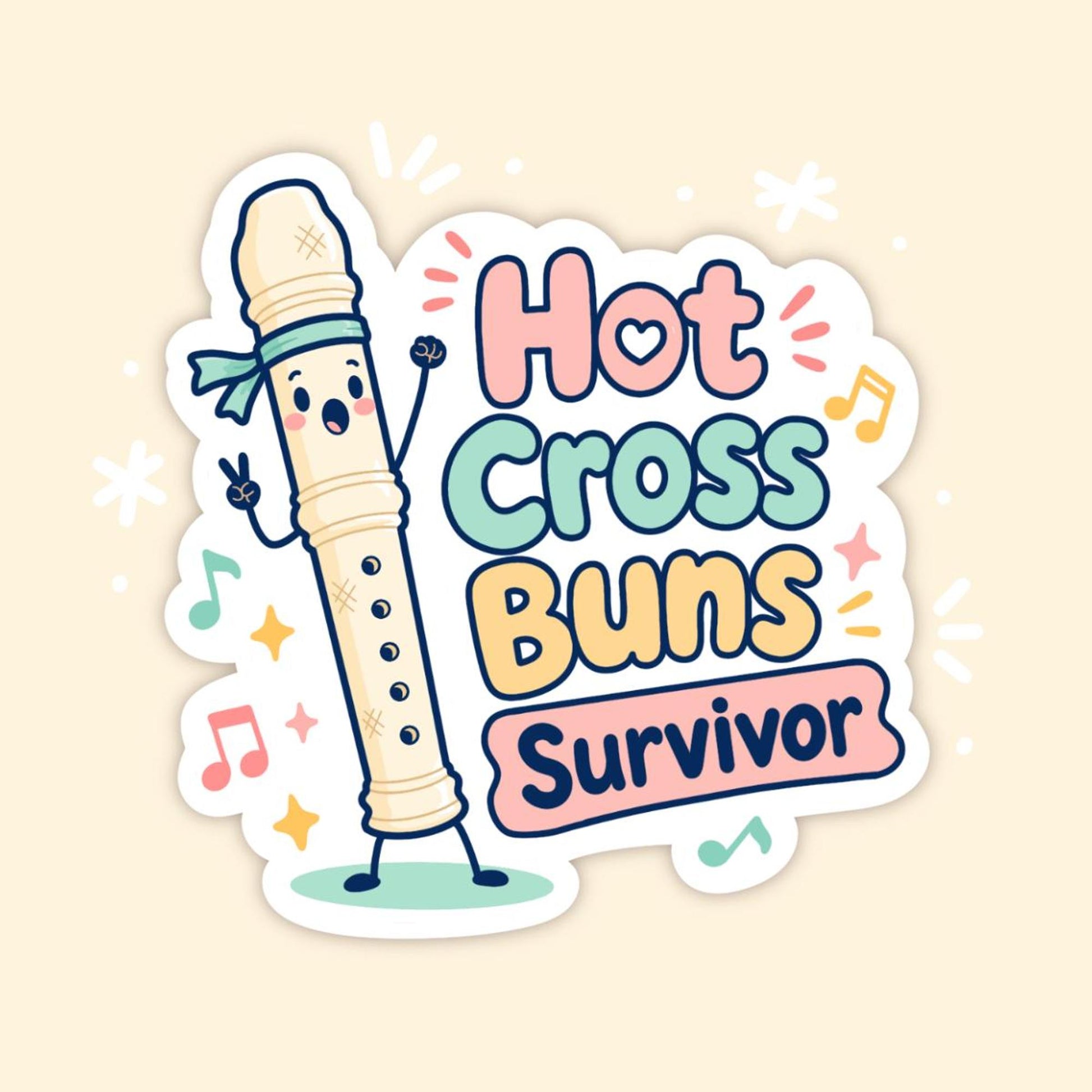 Hot Cross Buns Survivor Recorder Sticker, Cute Kawaii Music Class Vinyl Decal, Funny Teacher Gift for Laptop Water Bottle Planner