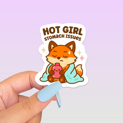 Hot Girl Stomach Issues Sticker, Funny IBS Gift, Cute Kawaii Fox Vinyl Decal, Digestive Health Humour, Bloating Chronic Illness Sticker