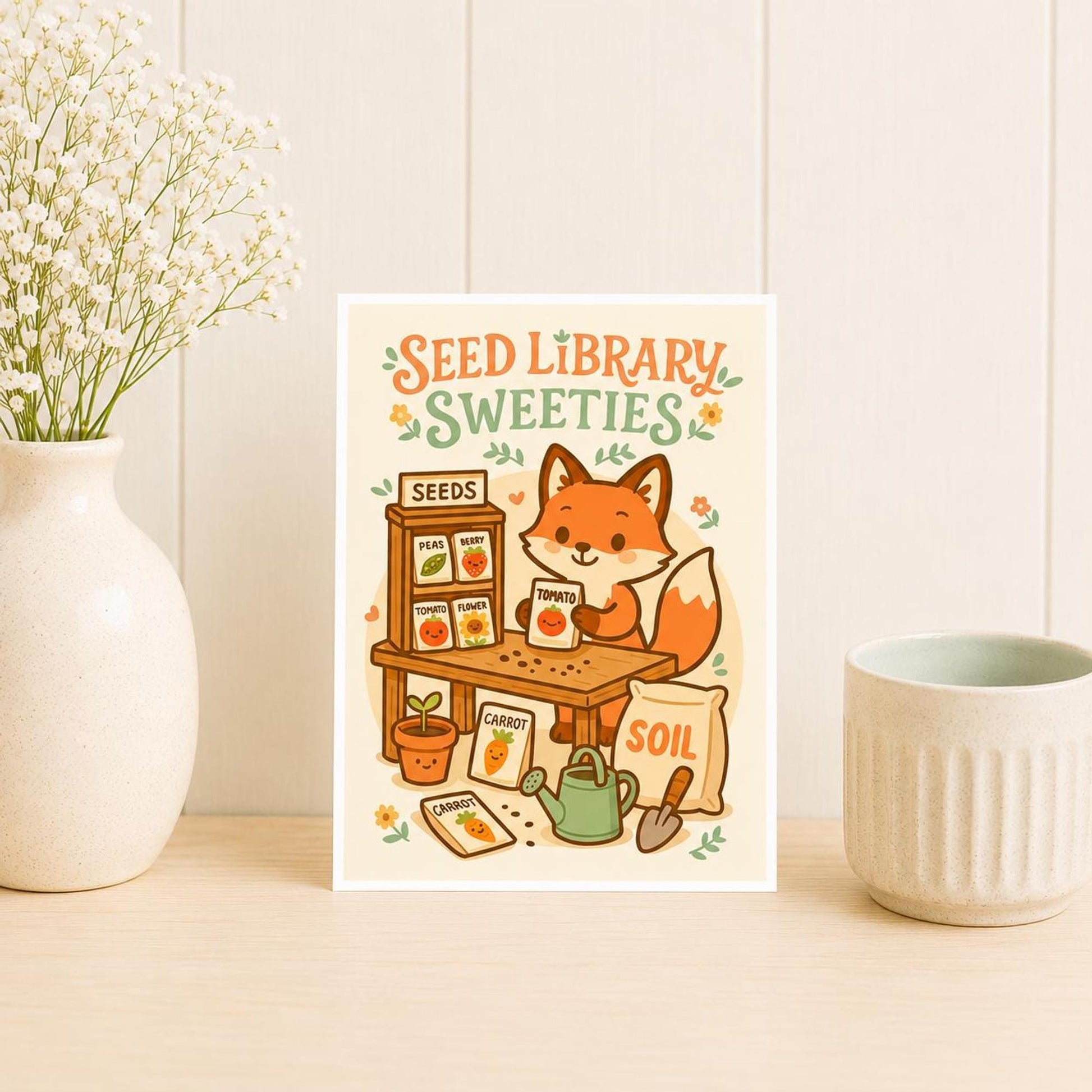 Seed Library Sweeties Art Print, Cute Kawaii Fox Garden Wall Decor, Seed Packet Illustration, Cottagecore Gardener Gift