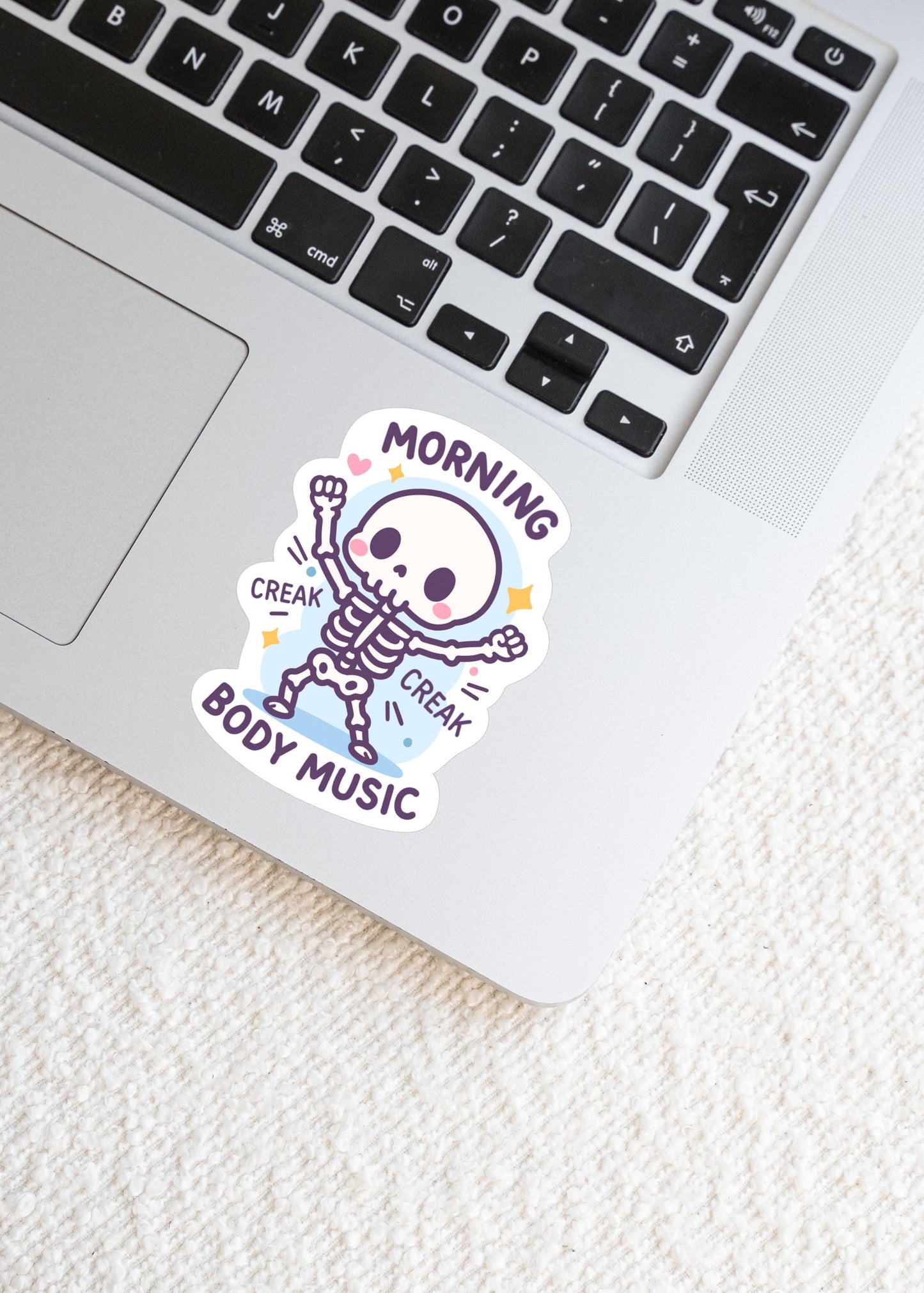 Morning Body Music Skeleton Sticker, Cute Kawaii Vinyl Decal, Funny Aging Humour Gift for Laptop Water Bottle Planner