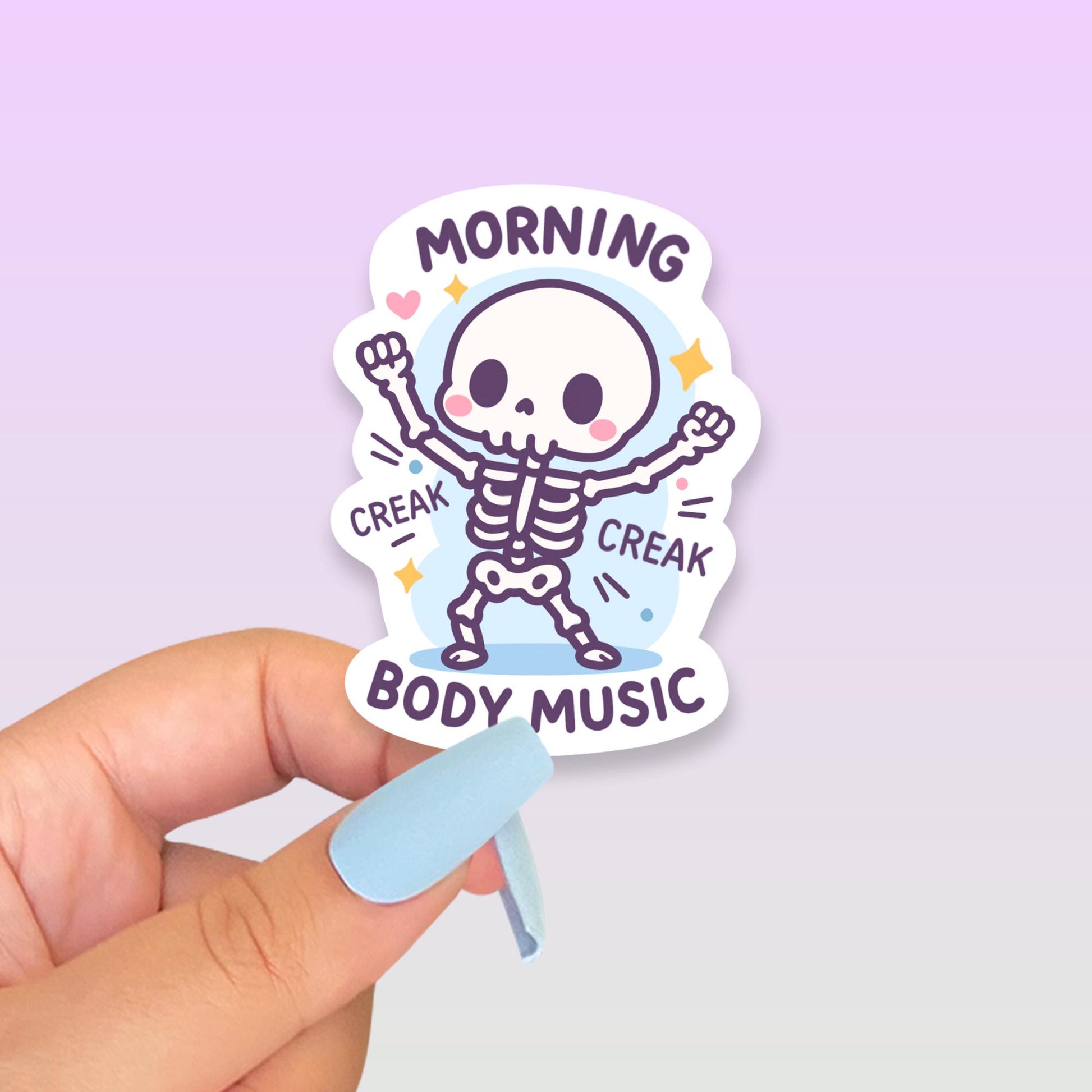 Morning Body Music Skeleton Sticker, Cute Kawaii Vinyl Decal, Funny Aging Humour Gift for Laptop Water Bottle Planner