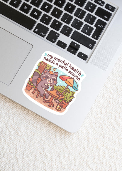 Mental Health Patio Season Sticker, Cute Kawaii Raccoon Vinyl Decal, Summer Self Care Gift, Outdoor Relaxation Laptop Art