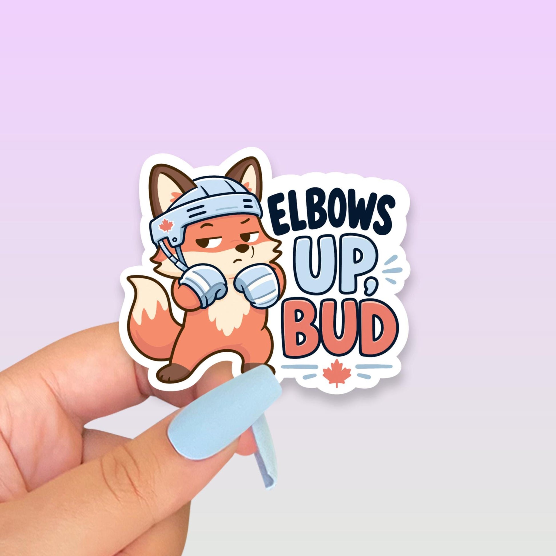 Elbows Up Bud Sticker, Canadian Hockey Humour Vinyl Decal, Cute Kawaii Fox Sticker, Canada Pride Gift, Funny Sports Fan Laptop Sticker