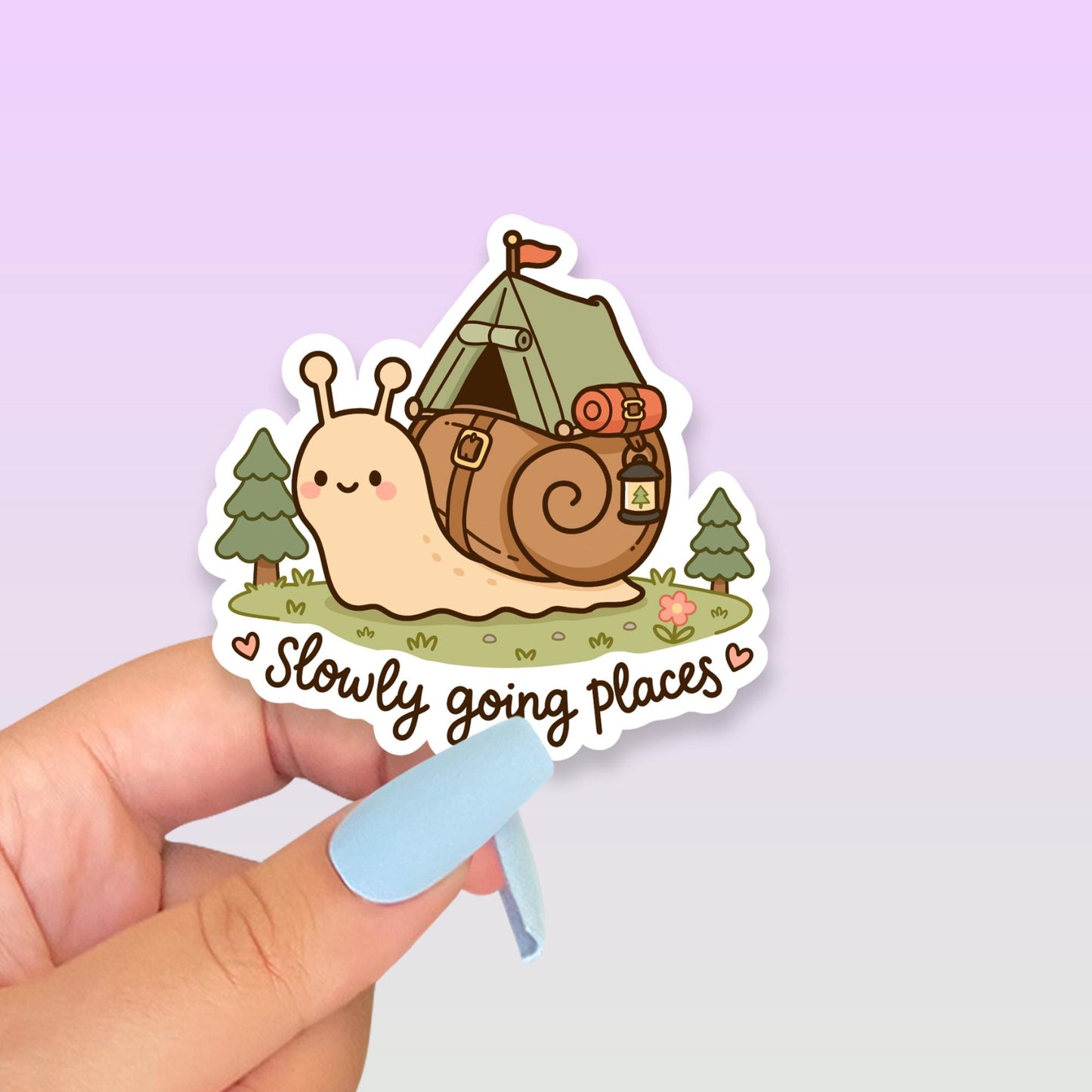 Slowly Going Places Sticker, Cute Snail Camping Vinyl Decal, Kawaii Motivational Sticker, Slow Progress Encouragement Gift, Nature Lover Art