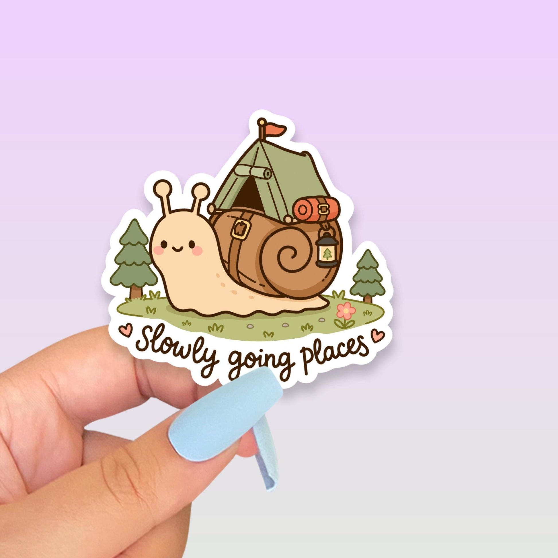 Slowly Going Places Sticker, Cute Snail Camping Vinyl Decal, Kawaii Motivational Sticker, Slow Progress Encouragement Gift, Nature Lover Art