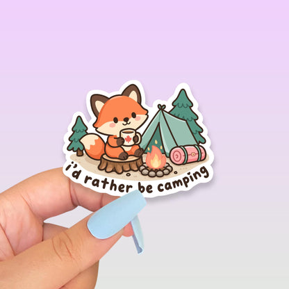 I'd Rather Be Camping Sticker, Cute Kawaii Fox Vinyl Decal, Funny Outdoor Camping Gift, Campfire Tent Laptop Water Bottle Sticker