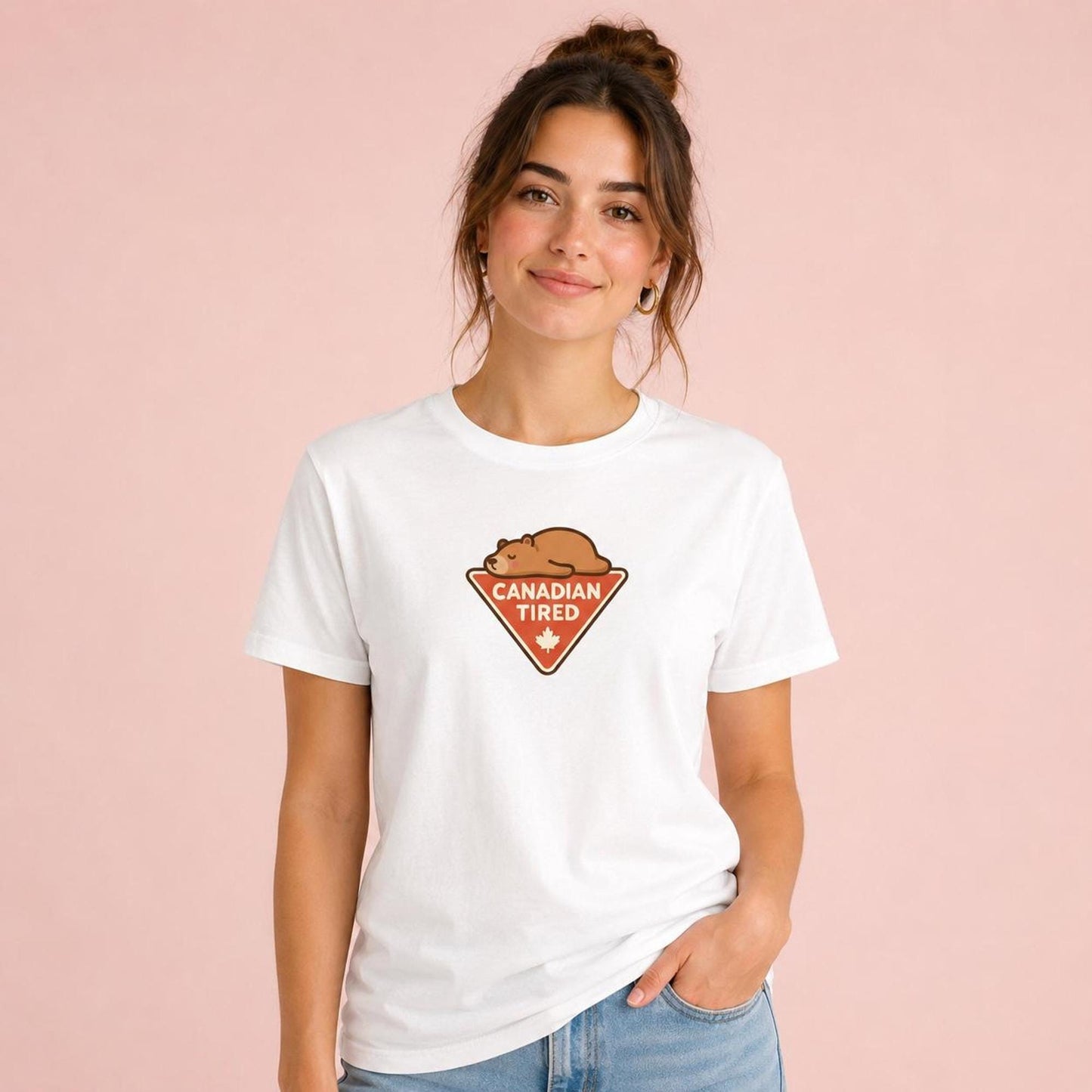 Canadian Tired T-Shirt, Kawaii Sleepy Bear Unisex Tee, Funny Canada Joke Gift, Maple Leaf Humour, Cozy Graphic Shirt