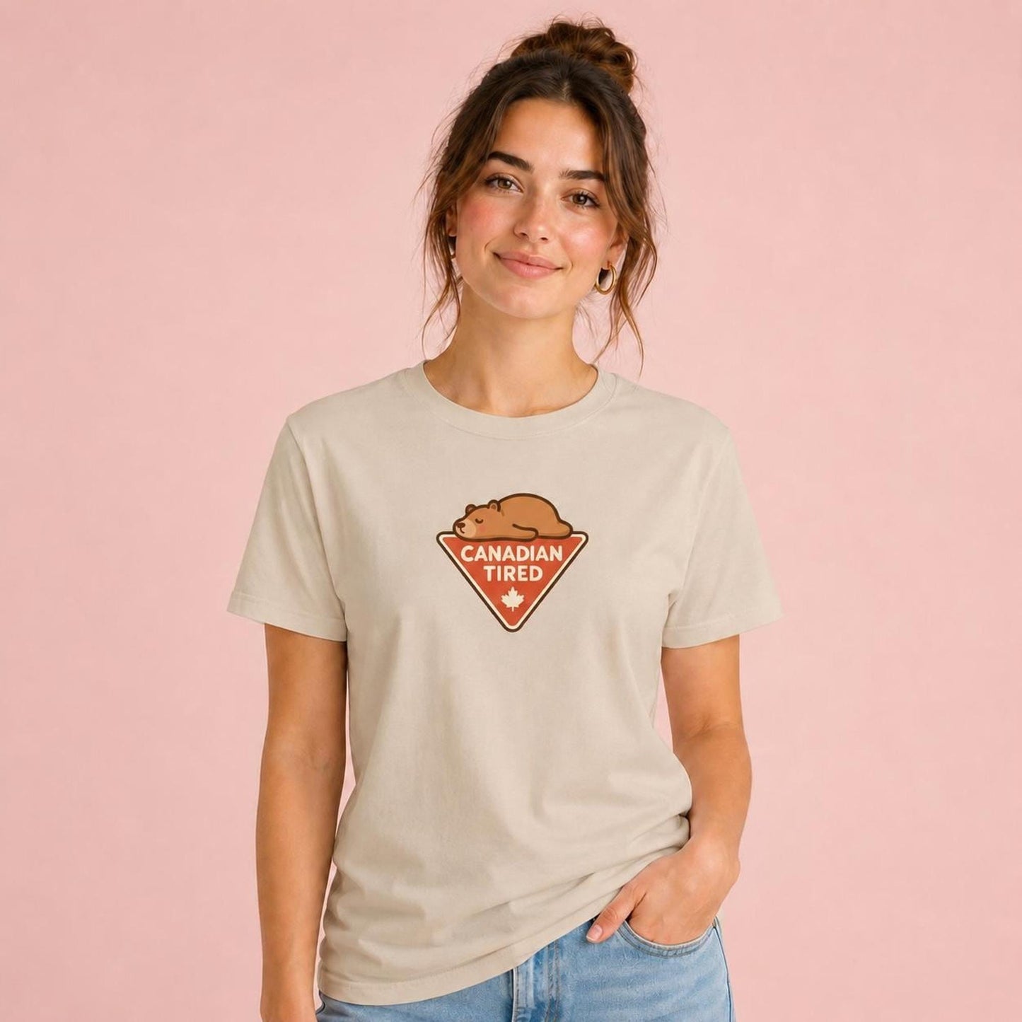 Canadian Tired T-Shirt, Kawaii Sleepy Bear Unisex Tee, Funny Canada Joke Gift, Maple Leaf Humour, Cozy Graphic Shirt