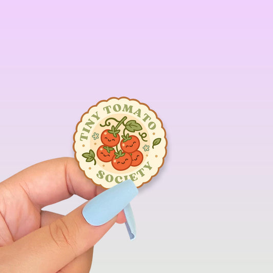 Tiny Tomato Society Sticker, 2 Inch Cute Kawaii Tomato Vinyl Decal, Funny Gardening Badge, Plant Lover Gift, Vegetable Garden