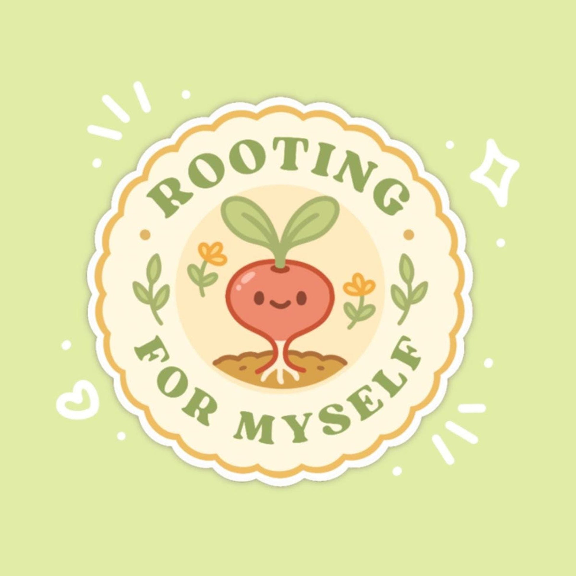 Rooting for Myself Sticker, 2 Inch Cute Kawaii Radish Vinyl Decal, Self Care Gardening Badge, Plant Lover Growth Mindset Garden Club Gift