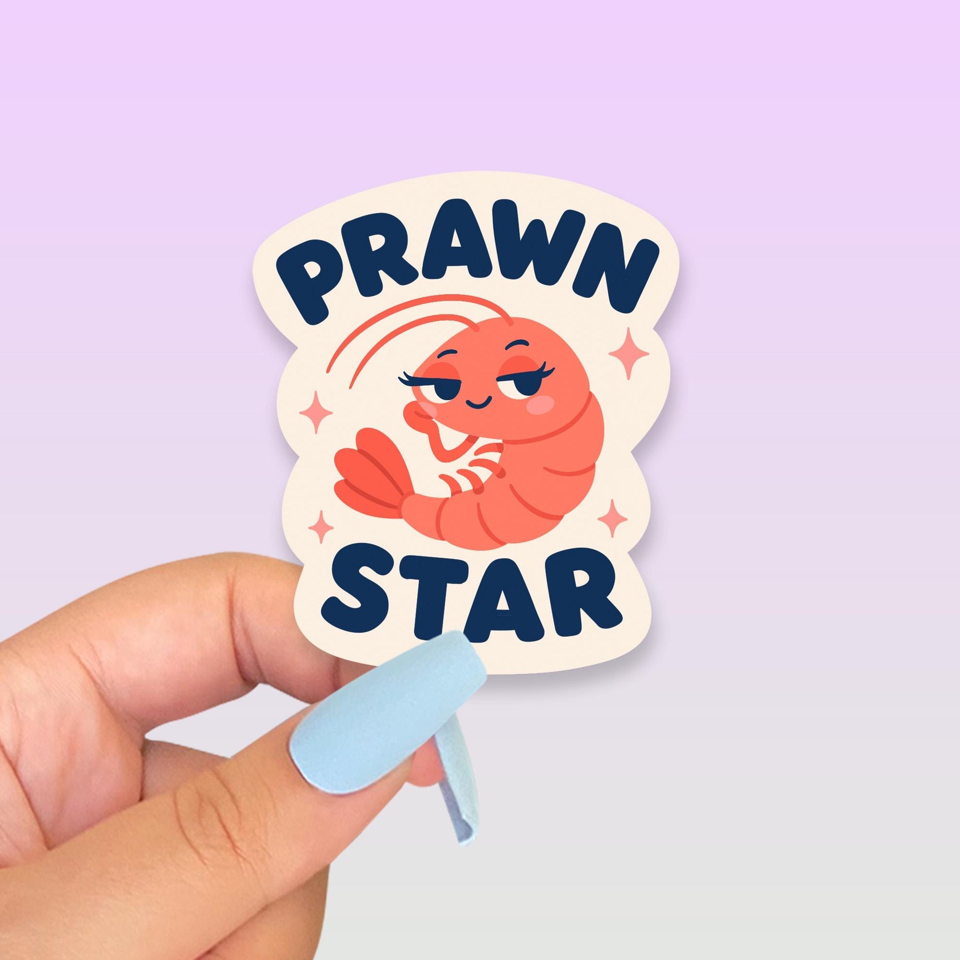 Prawn Star Sticker, Kawaii Shrimp Vinyl Decal, Funny Seafood Pun Gift, Coastal Beach Humour, Ocean Laptop Water Bottle Decor