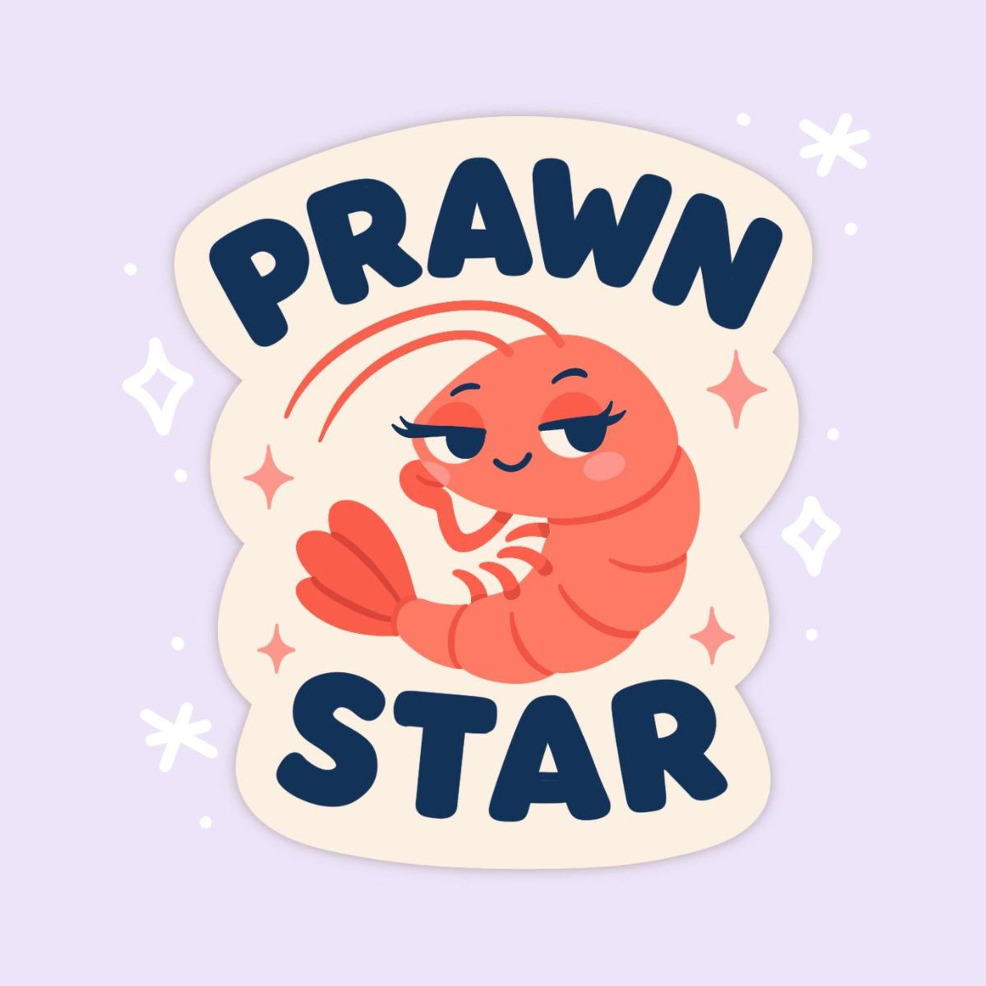 Prawn Star Sticker, Kawaii Shrimp Vinyl Decal, Funny Seafood Pun Gift, Coastal Beach Humour, Ocean Laptop Water Bottle Decor