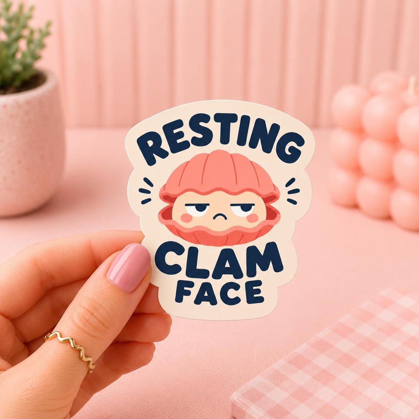 Resting Clam Face Sticker, Kawaii Shellfish Vinyl Decal, Funny Coastal Beach Pun Gift, Ocean Attitude Water Bottle Decor