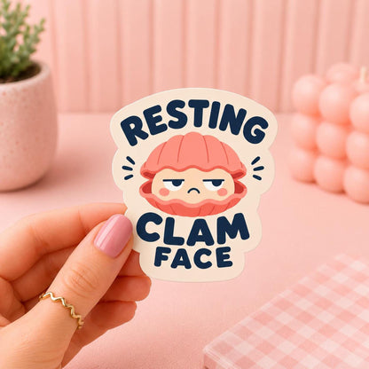 Resting Clam Face Sticker, Kawaii Shellfish Vinyl Decal, Funny Coastal Beach Pun Gift, Ocean Attitude Water Bottle Decor