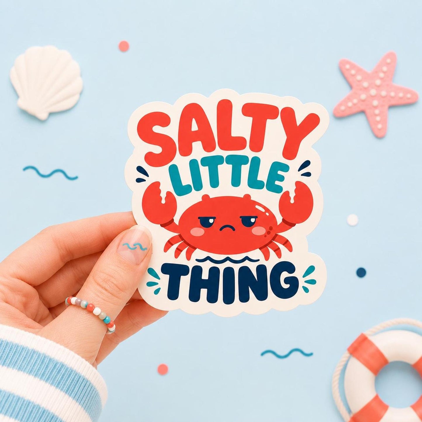 Salty Little Thing Sticker, Kawaii Crab Vinyl Decal, Funny Coastal Beach Humour Gift, Ocean Attitude Water Bottle Decor