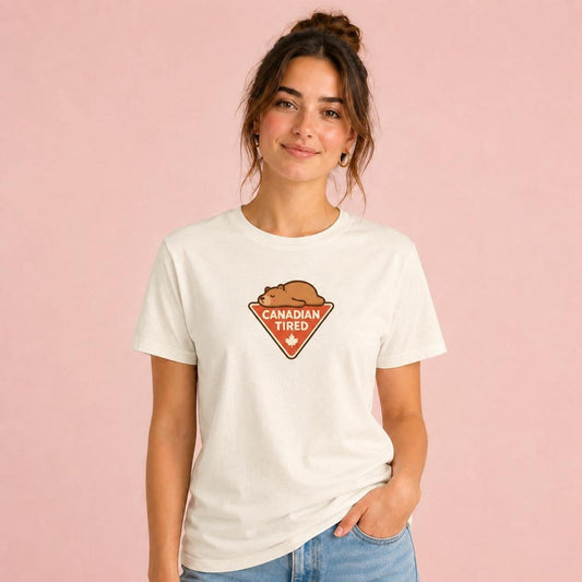 Canadian Tired T-Shirt, Kawaii Sleepy Bear Unisex Tee, Funny Canada Joke Gift, Maple Leaf Humour, Cozy Graphic Shirt