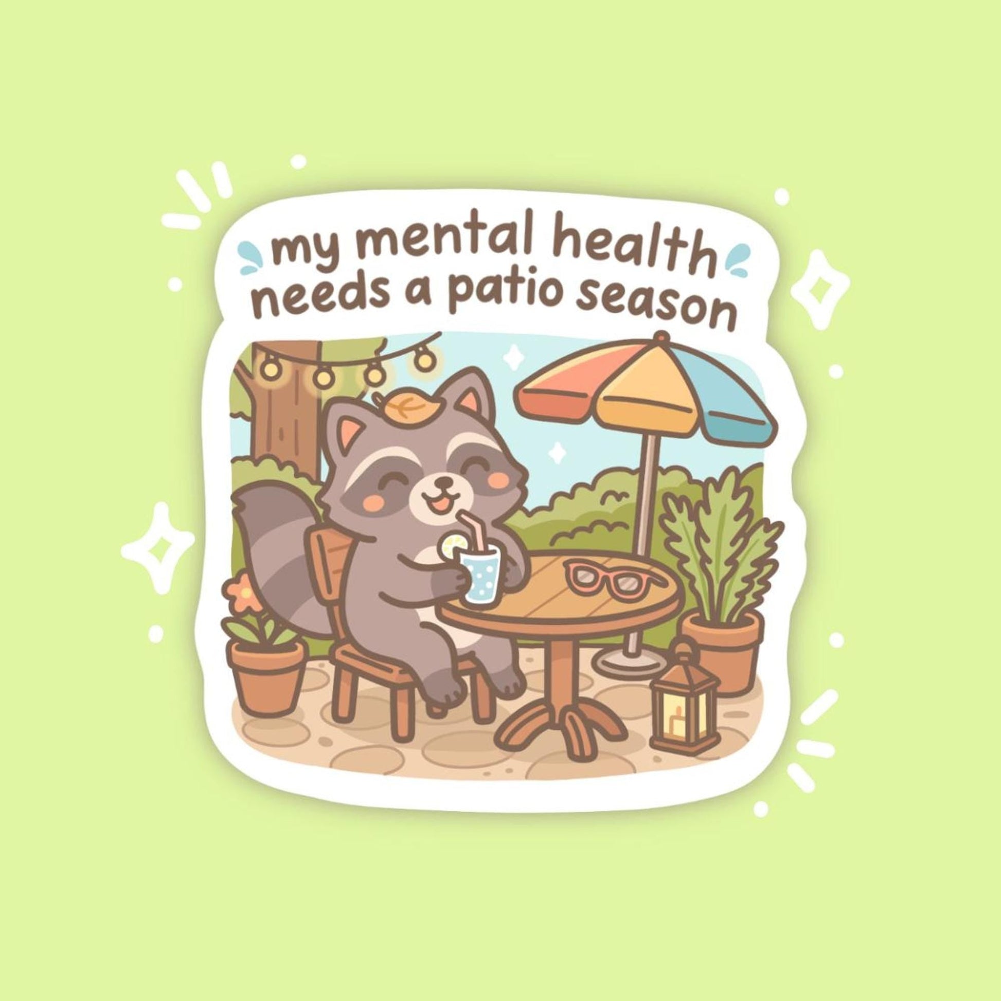 Mental Health Patio Season Sticker, Cute Kawaii Raccoon Vinyl Decal, Summer Self Care Gift, Outdoor Relaxation Laptop Art - Paige Poutine