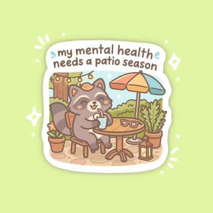 Mental Health Patio Season Sticker, Cute Kawaii Raccoon Vinyl Decal, Summer Self Care Gift, Outdoor Relaxation Laptop Art - Paige Poutine