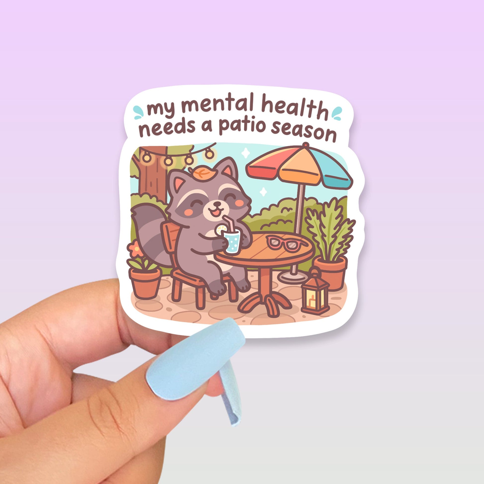 Mental Health Patio Season Sticker, Cute Kawaii Raccoon Vinyl Decal, Summer Self Care Gift, Outdoor Relaxation Laptop Art - Paige Poutine